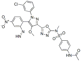 N-[4-[[5-[1-(3-chlorophenyl)-4-methoxy-5-(4-nitrophenyl)diazenyl-pyraz ol-3-yl]-1,3,4-oxadiazol-2-yl]methylsulfamoyl]phenyl]acetamide 구조식 이미지