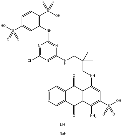 1-아미노-4-[3-[4-클로로-6-(2,5-다이설포페닐아미노)-[1,3,5]-  트라이아진-2-일아미노]-2,2-다이메틸프로필아미노]안트라퀴  논-2-설폰산 리튬 소듐염 구조식 이미지