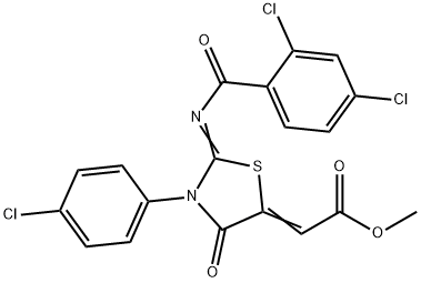 2-[3-(4-Chlorophenyl)-2-[(2,4-dichlorobenzoyl)imino]-4-oxo-5-thiazolidinylidene]-aceticacidmethylester 구조식 이미지