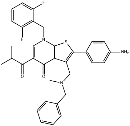 2-(4-Amino-phenyl)-3-[(benzyl-methyl-amino)-methyl]-7-(2,6-difluoro-benzyl)-5-isobutyryl-7H-thieno[2,3-b]pyridin-4-one Structure