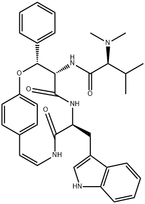 (S)-2-Dimethylamino-N-[(3R,4S,7S)-7-(1H-indol-3-ylmethyl)-5,8-dioxo-3-phenyl-2-oxa-6,9-diazabicyclo[10.2.2]hexadeca-10,12,14(1),15-tetren-4-yl]-3-methylbutanamide 구조식 이미지