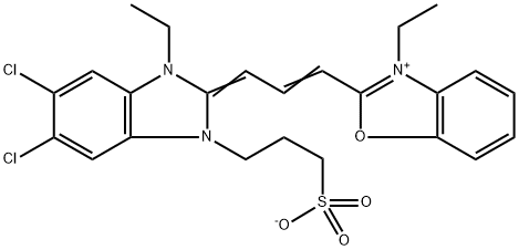 2-[3-[5,6-dichloro-1-ethyl-1,3-dihydro-3-(3-sulphonatopropyl)-2H-benzimidazol-2-ylidene]prop-1-enyl]-3-ethylbenzoxazolium 구조식 이미지