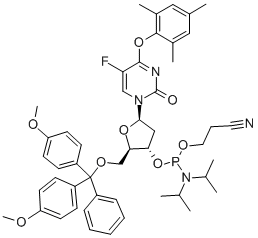5'-O-(4,4'-DIMETHOXYTRITYL)-5-FLUORO-O4-(2,4,6-TRIMETHYLPHENYL)-2'-DEOXYURIDINE, 3'-[(2-CYANOETHYL)-(N,N-DIISOPROPYL)]PHOSPHORAMIDITE 구조식 이미지
