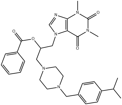 1-Piperazineethanol, alpha-(1,3-dimethyl-7-xanthinylmethyl)-4-(p-isopr opylbenzyl)-, benzoate (ester) Structure