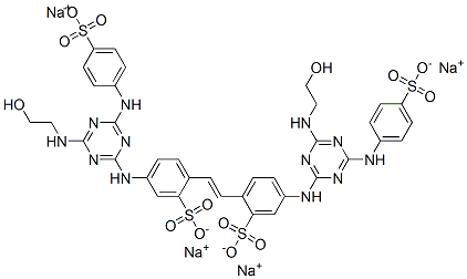 tetrasodium 5-[[4-(2-hydroxyethylamino)-6-[(4-sulfonatophenyl)amino]-1,3,5-triazin-2-yl]amino]-2-[(E)-2-[4-[[4-(2-hydroxyethylamino)-6-[(4-sulfonatophenyl)amino]-1,3,5-triazin-2-yl]amino]-2-sulfonato-phenyl]ethenyl]benzenesulfonate Structure