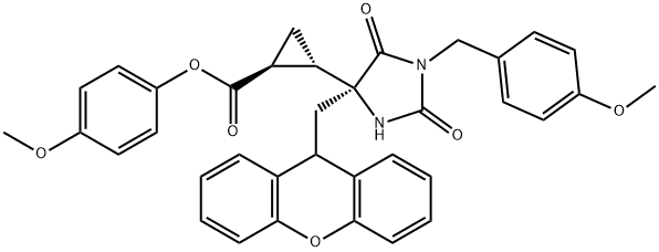 (1S,2S)-4-Methoxybenzyl 2-((S)-4-((9H-xanthen-9-yl)Methyl)-1-(4-Methoxybenzyl)-2,5-dioxoiMidazolidin-4-yl)cyclopropanecarboxylate 구조식 이미지