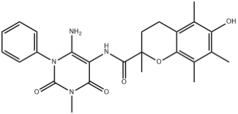 2H-1-Benzopyran-2-carboxamide,  N-(6-amino-1,2,3,4-tetrahydro-3-methyl-2,4-dioxo-1-phenyl-5-pyrimidinyl)-3,4-dihydro-6-hydroxy-2,5,7,8-tetramethyl- Structure