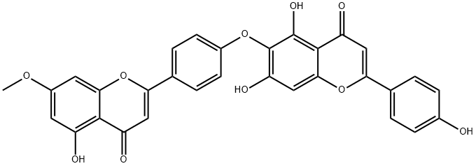 5,7-Dihydroxy-6-[4-(5-hydroxy-7-methoxy-4-oxo-4H-1-benzopyran-2-yl)phenoxy]-2-(4-hydroxyphenyl)-4H-1-benzopyran-4-one 구조식 이미지