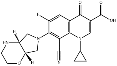 3-Quinolinecarboxylic acid, 8-cyano-1-cyclopropyl-6-fluoro-7-[(4aS,7aS)-hexahydropyrrolo[3,4-b]-1,4-oxazin-6(2H)-yl]-1,4-dihydro-4-oxo- 구조식 이미지
