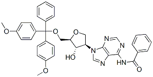 N-(9-((3R,4S,5R)-5-((BIS(4-METHOXYPHENYL)(PHENYL)METHOXY)METHYL)-4-HYDROXYTETRAHYDROFURAN-3-YL)-9H-PURIN-6-YL)BENZAMIDE 구조식 이미지