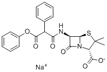 sodium [2S-(2alpha,5alpha,6beta)]-6-[(1,3-dioxo-3-phenoxy-2-phenylpropyl)amino]-3,3-dimethyl-7-oxo-4-thia-1-azabicyclo[3.2.0]heptane-2-carboxylate  구조식 이미지