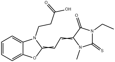 1-Methyl-3-ethyl-5-[2-(3-(2-carboxyethyl)-benzoxazol-2-ylidene)-ethylidene]-2-thioxo-imidazolidin-4-one Structure