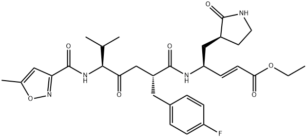 ethyl (E,4S)-4-[[(2R,5S)-2-[(4-fluorophenyl)methyl]-6-methyl-5-[(5-met hyloxazole-3-carbonyl)amino]-4-oxo-heptanoyl]amino]-5-[(3S)-2-oxopyrro lidin-3-yl]pent-2-enoate 구조식 이미지