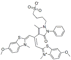2-[2-[2,3-dihydro-5-methyl-3-oxo-2-phenyl-1-(4-sulphonatobutyl)-1H-pyrazol-4-yl]-3-(6-methoxy-3-methyl-3H-benzothiazol-2-ylidene)prop-1-enyl]-6-methoxy-3-methylbenzothiazolium 구조식 이미지