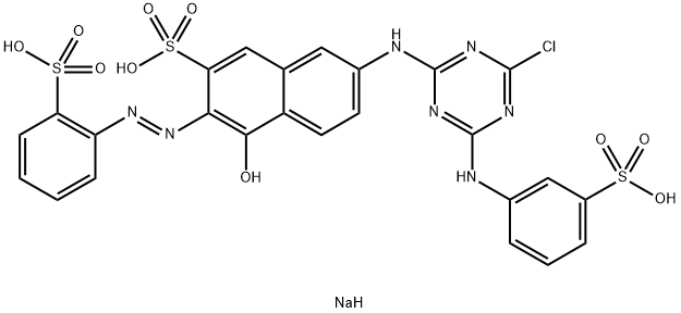 trisodium 7-[[4-chloro-6-[(3-sulphonatophenyl)amino]-1,3,5-triazin-2-yl]amino]-4-hydroxy-3-[(2-sulphonatophenyl)azo]naphthalene-2-sulphonate 구조식 이미지