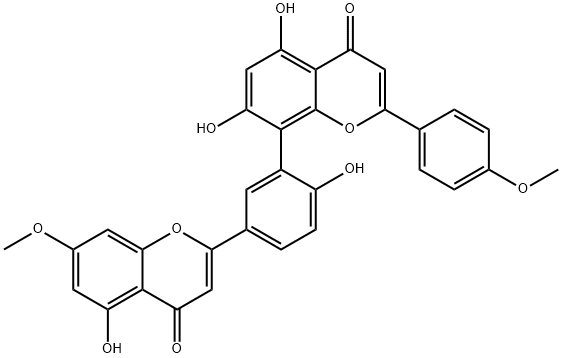 2-(4-Methoxyphenyl)-5,7-dihydroxy-8-[2-hydroxy-5-(4-oxo-5-hydroxy-7-methoxy-4H-1-benzopyran-2-yl)phenyl]-4H-1-benzopyran-4-one 구조식 이미지
