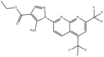 1H-Pyrazole-4-carboxylicacid,5-amino-1-[5,7-bis(trifluoromethyl)-1,8-naphthyridin-2-yl]-,ethylester(9CI) Structure