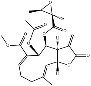 5-Acetoxy-4-[[(2,3-dimethyloxiran-2-yl)carbonyl]oxy]-2,3,3a,4,5,8,9,11a-octahydro-10-methyl-3-methylene-2-oxocyclodeca[b]furan-6-carboxylic acid methyl ester 구조식 이미지