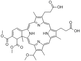 23H,25H-Benzo[b]porphine-9,13-dipropanoic acid, 1,22a-dihydro-1,2-bis(methoxycarbonyl)-19-(1-methoxyethyl)-8,14,18,22a-tetramethyl- 구조식 이미지
