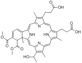 23H,25H-Benzo[b]porphine-9,13-dipropanoic acid, 1,22a-dihydro-19-(1-hydroxyethyl)-1,2-bis(methoxycarbonyl)-8,14,18,22a-tetramethyl- 구조식 이미지