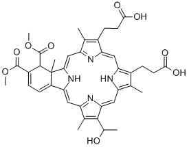 23H,25H-Benzo[b]porphine-9,13-dipropanoic acid, 4,4a-dihydro-18-(1-hydroxyethyl)-3,4-bis(methoxycarbonyl)-4a,8,14,19-tetramethyl- Structure