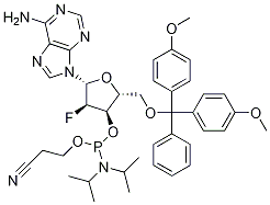 Adenosine, 5'-O-[bis(4-Methoxyphenyl)phenylMethyl]-2'-fluoro-2'-deoxy-, 3'-[2-cyanoethyl bis(1-Methylethyl)phosphoraMidite] 구조식 이미지