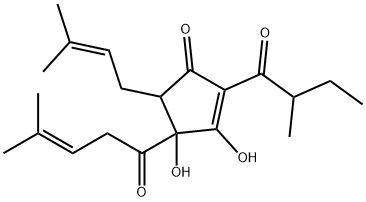 3,4-dihydroxy-5-(3-methylbut-2-enyl)-2-(2-methyl-1-oxobutyl)-4-(4-methyl-1-oxopent-3-enyl)cyclopent-2-en-1-one  Structure