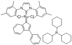 TRICYCLOHEXYLPHOSPHINE[1,3-BIS(2,4,6-TRIMETHYLPHENYL)IMIDAZOL-2-YLIDENE][3-PHENYL-1H-INDEN-1-YLIDENE]RUTHENIUM (II) DICHLORIDE Structure