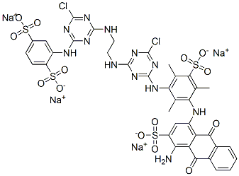 p-Benzenedisulfonic acid, 2-[[4-[[2-[[4-[3-[(4-amino-3-sulfo-1-anthraquinonyl)amino]-2,4,6-trimethyl-5-sulfoanilino]-6-chloro-s-triazin-2-yl]amino]ethyl]amino]-6-chloro-s-triazin-2-yl]amino]-, tetrasodium salt 구조식 이미지