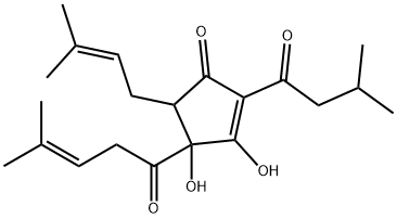 3,4-dihydroxy-5-(3-methylbut-2-enyl)-2-(3-methyl-1-oxobutyl)-4-(4-methyl-1-oxopent-3-enyl)cyclopent-2-en-1-one  Structure