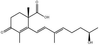 (S)-2-[(R,1E,3E)-7-Hydroxy-3-methyl-1,3-octadienyl]-1,3-dimethyl-4-oxo-2-cyclohexene-1-carboxylic acid 구조식 이미지