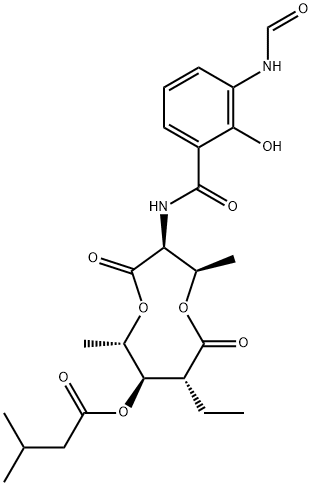 8-ethyl-3-(3-formamidosalicylamido)-2,6-dimethyl-4,9-dioxo-1,5-dioxonan-7-yl isovalerate 구조식 이미지