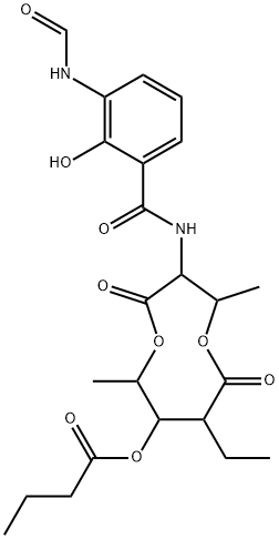 8-ethyl-3-[[3-(formylamino)salicyloyl]amino]-2,6-dimethyl-4,9-dioxo-1,5-dioxonan-7-yl butyrate 구조식 이미지