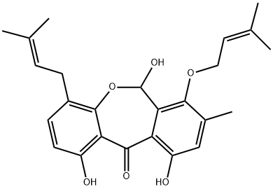 1,6,10-Trihydroxy-4-(3-methyl-2-butenyl)-7-[(3-methyl-2-butenyl)oxy]-8-methyldibenz[b,e]oxepin-11(6H)-one 구조식 이미지