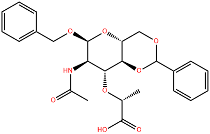 2-(3-ACETAMIDO-2-BENZYL-4,6,OBENZYLIDENE-ALPHA-D-GLUCOPYRNOSID-4-YLOXY)PROPIONIC ACID 구조식 이미지