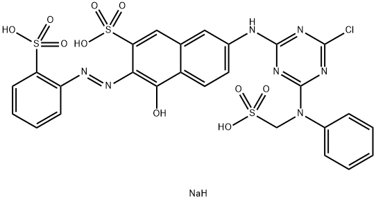 trisodium 7-[[4-chloro-6-[N-(sulphonatomethyl)anilino]-1,3,5-triazin-2-yl]amino]-4-hydroxy-3-[(o-sulphonatophenyl)azo]naphthalene-2-sulphonate  Structure