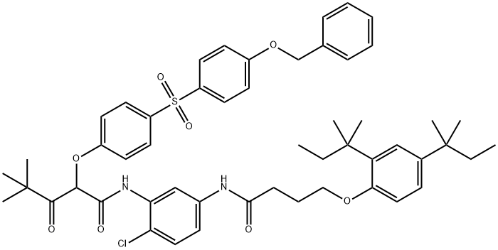N-(5-((4-(2,4-Bis(1,1-dimethylpropyl)phenoxy)-1-oxobutyl)amino)-2-chlorophenyl)-4,4-dimethyl-3-oxo-2-(4-((4-(phenylmethoxy)phenyl)sulphonyl)phenoxy)valeramide 구조식 이미지
