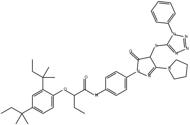 2-(2,4-Bis(1,1-dimethylpropyl)phenoxy)-N-(4-(4,5-dihydro-5-oxo-4-((1-phenyl-1H-tetrazol-5-yl)thio)-3-(1-pyrrolidinyl)-1H-pyrazol-1-yl)phenyl)butanamide 구조식 이미지