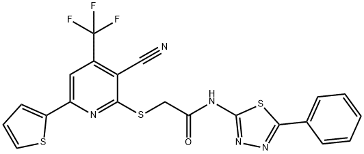 2-{[3-cyano-6-(2-thienyl)-4-(trifluoromethyl)-2-pyridinyl]sulfanyl}-N-(5-phenyl-1,3,4-thiadiazol-2-yl)acetamide 구조식 이미지