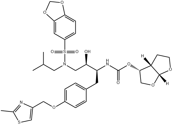 [(1R,5S,6R)-2,8-dioxabicyclo[3.3.0]oct-6-yl] N-[(2S,3R)-4-(benzo[1,3]dioxol-5-ylsulfonyl-(2-methylpropyl)amino)-3-hydroxy-1-[4-[(2-methyl-1,3-thiazol-4-yl)methoxy]phenyl]butan-2-yl]carbamate Structure