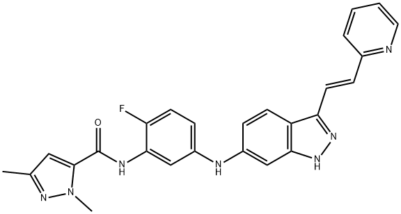 N-[2-Fluoro-5-[[3-[(1E)-2-(2-pyridinyl)ethenyl]-1H-indazol-6-yl]amino]phenyl]-1,3-dimethyl-1H-pyrazole-5-carboxamide 구조식 이미지