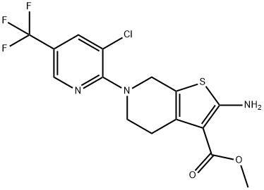 2-[2-Amino-4,7-dihydro-3-(methoxycarbonyl)thieno[2,3-c]pyridin-6(5H)-yl]-3-chloro-5-(trifluoromethyl)pyridine, 2-Amino-6-[3-chloro-5-(trifluoromethyl)pyridin-2-yl]-3-(methoxycarbonyl)-4,5,6,7-tetrahydrothieno[2,3-c]pyridine 구조식 이미지