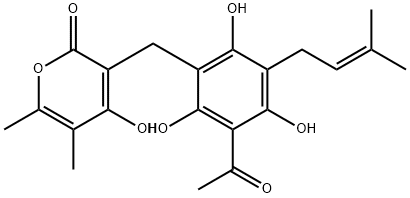 3-[4-Acetyl-2,3,6-trihydroxy-5-(3-methyl-2-butenyl)benzyl]-4-hydroxy-5,6-dimethyl-2H-pyran-2-one 구조식 이미지