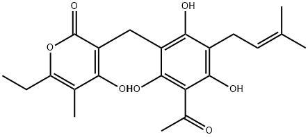 3-[4-Acetyl-2,3,6-trihydroxy-5-(3-methyl-2-butenyl)benzyl]-6-ethyl-4-hydroxy-5-methyl-2H-pyran-2-one 구조식 이미지