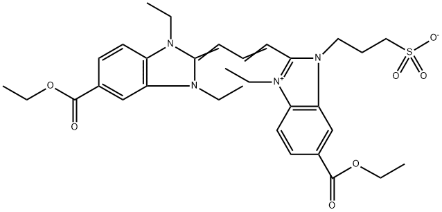 5-CARBETHOXY-1-ETHYL-3-(3-SULFOPROPYL)-2-[3-(5-CARBETHOXY-1,3-DIETHYL-1,3-DIHYDRO-2H-BENZIMIDAZOL-2-YLIDENE)-1-PROPENYL]-1H-BENZIMIDAZOLIUM INNER SALT 구조식 이미지