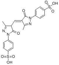 p-[4-[[1,5-dihydro-3-methyl-5-oxo-1-(4-sulphophenyl)-4H-pyrazol-4-ylidene]methyl]-4,5-dihydro-3-methyl-5-oxo-1H-pyrazol-1-yl]benzenesulphonic acid 구조식 이미지