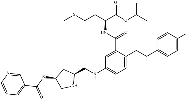 N-[2-[2-(4-fluorophenyl)ethyl]-5-[[[(2S,4S)-4-[(3-pyridinylcarbonyl)thio]-2-pyrrolidinyl]methyl]amino]benzoyl]-L-Methionine  1-methylethyl  ester 구조식 이미지