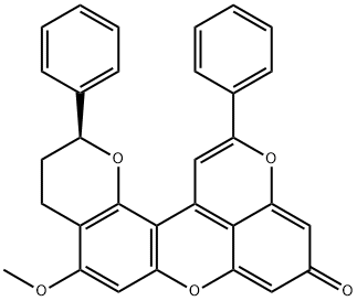 (-)-3,4-Dihydro-5-methoxy-2,12-diphenyl-2H,9H-dipyrano[2,3-a:2',3',4'-kl]xanthene-9-one Structure