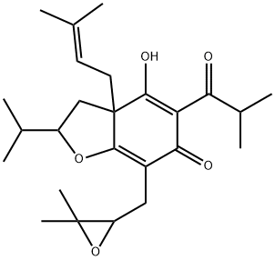 7-[(3,3-Dimethyloxiranyl)methyl]-3,3a-dihydro-4-hydroxy-3a-(3-methyl-2-butenyl)-2-isopropyl-5-(2-methyl-1-oxopropyl)-6(2H)-benzofuranone 구조식 이미지