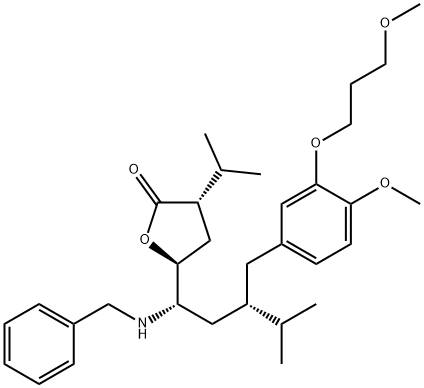 2(3H)-Furanone, dihydro-5-[(1S,3S)-3-[[4-Methoxy-3-(3-Methoxypropoxy)phenyl]Methyl]-4-Methyl-1-[(phenylMethyl)aMino]pentyl]-3-(1-Methylethyl)-, (3S,5S)- 구조식 이미지